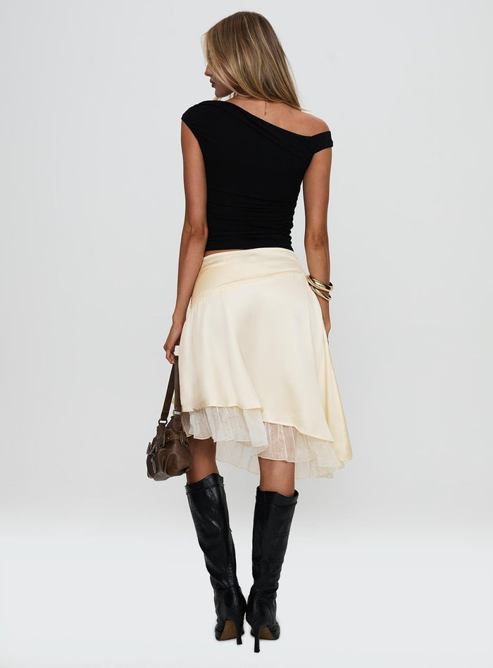 back view of model wearing Princess Polly Rosemead Satin Midi Skirt Cream Midi Skirts