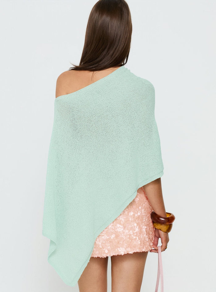 Presenting the Rouse Off Shoulder Knit Poncho Jelly Mint womens jumpers with long length back view of model wearing Princess Polly