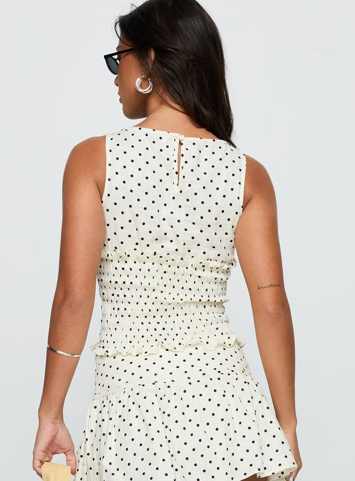 back view of model wearing Princess Polly Roxee Ruched Linen Blend Top Cream Polka Sleeveless Boat Neck