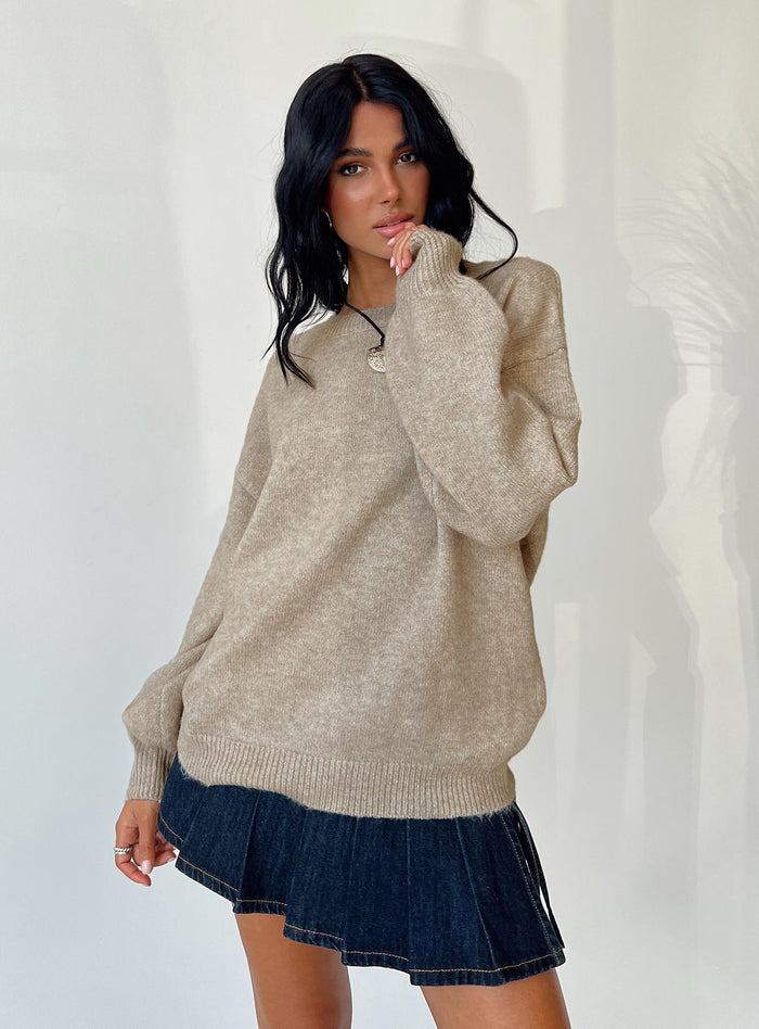 Front view of model wearing  front Ryanna Sweater Beige Princess Polly  Long