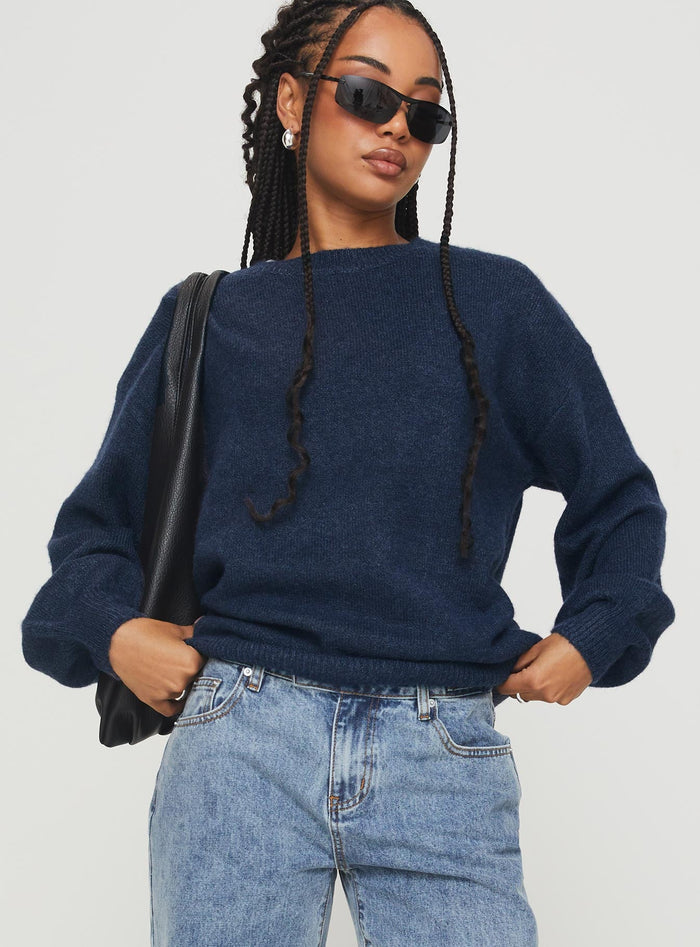 front view of model wearing Princess Polly Ryanna Sweater Navy Cropped