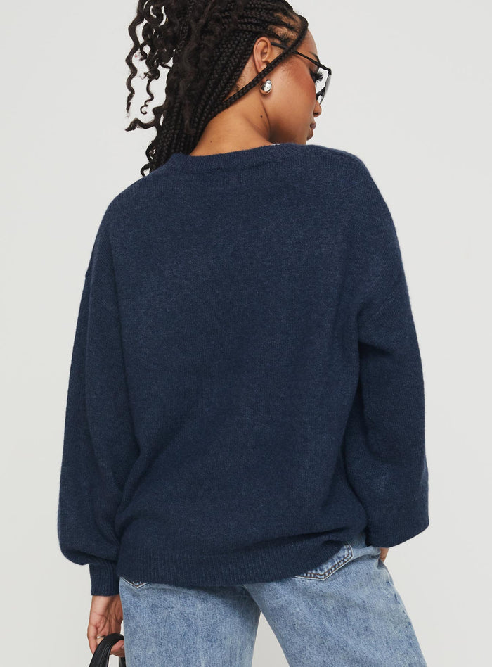 back view of model wearing Princess Polly Ryanna Sweater Navy Cropped