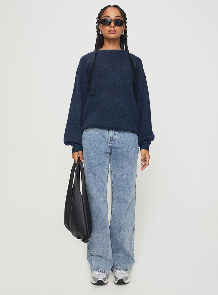 front view of model wearing Princess Polly Ryanna Sweater Navy Cropped