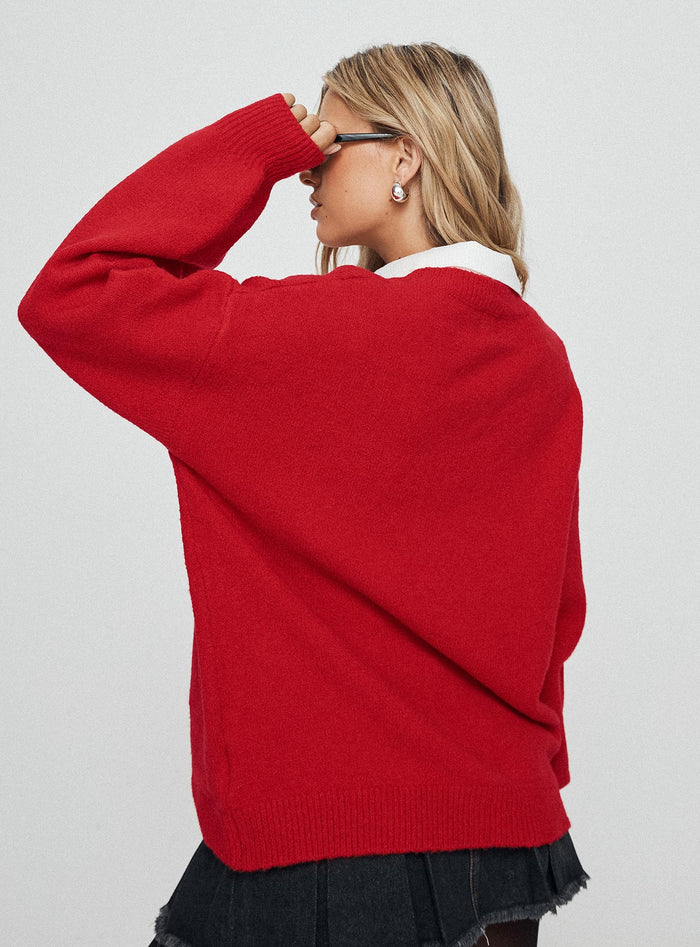 back view of model wearing Princess Polly Ryanna Sweater Red