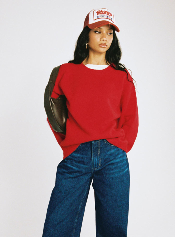 back view of model wearing Princess Polly Ryanna Sweater Red