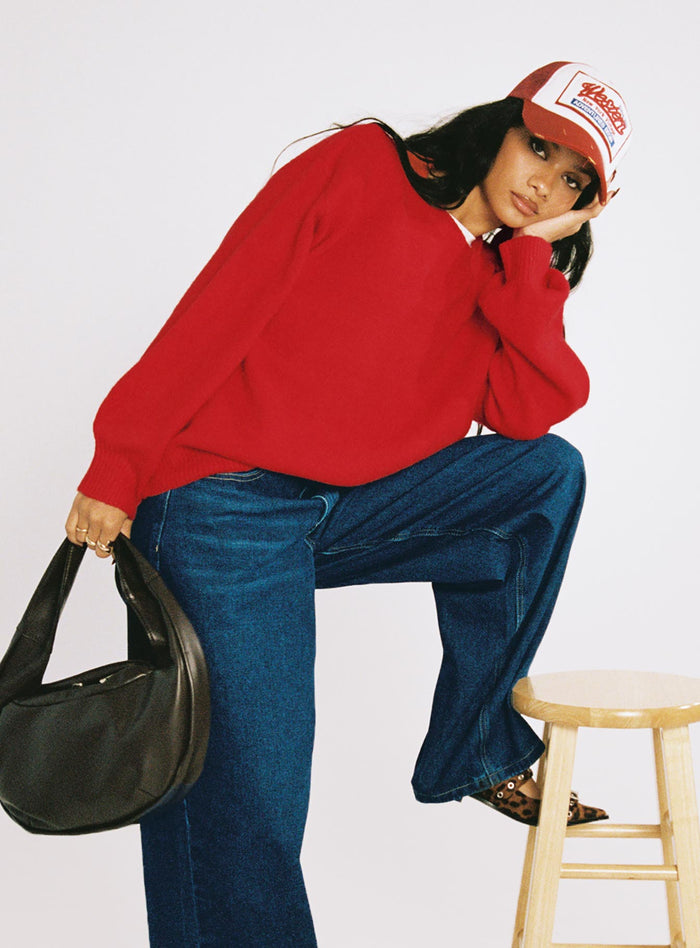 side view of model wearing Princess Polly Ryanna Sweater Red