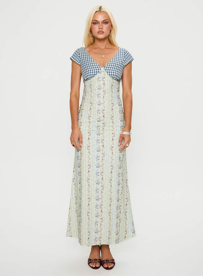 side view of model wearing Princess Polly Saije Maxi Dress Multi Floral V-Neck
