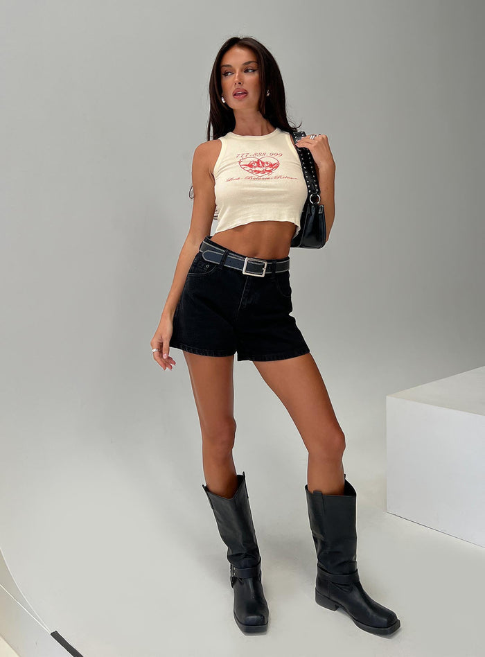 front view of model wearing Princess Polly Saldana Shorts Washed Black Denim High Waisted Shorts