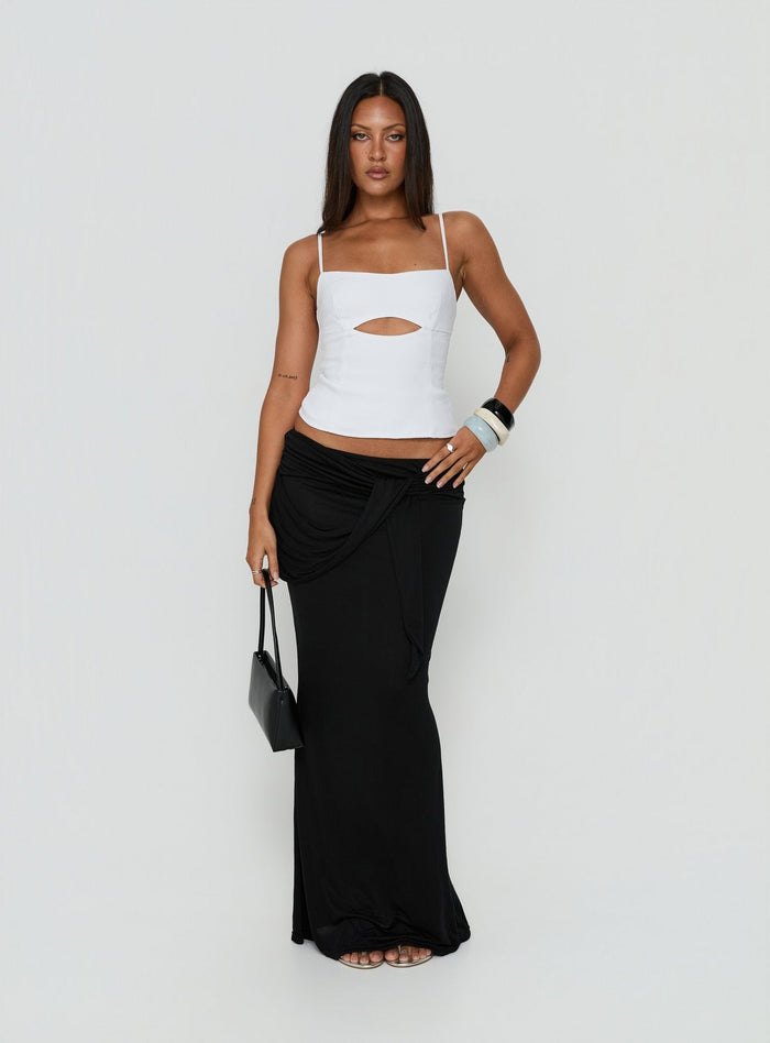 Showcasing the Samelia Wrap Maxi Skirt Black womens-skirts in maxi length front view of model wearing Princess Polly