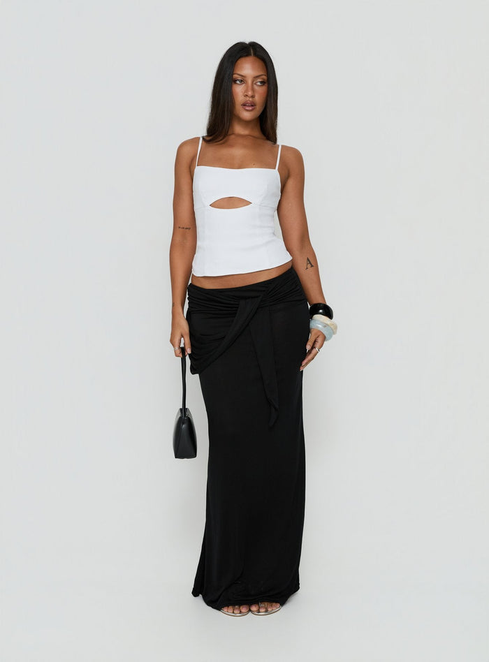 Showcasing the Samelia Wrap Maxi Skirt Black womens-skirts in maxi length front view of model wearing Princess Polly
