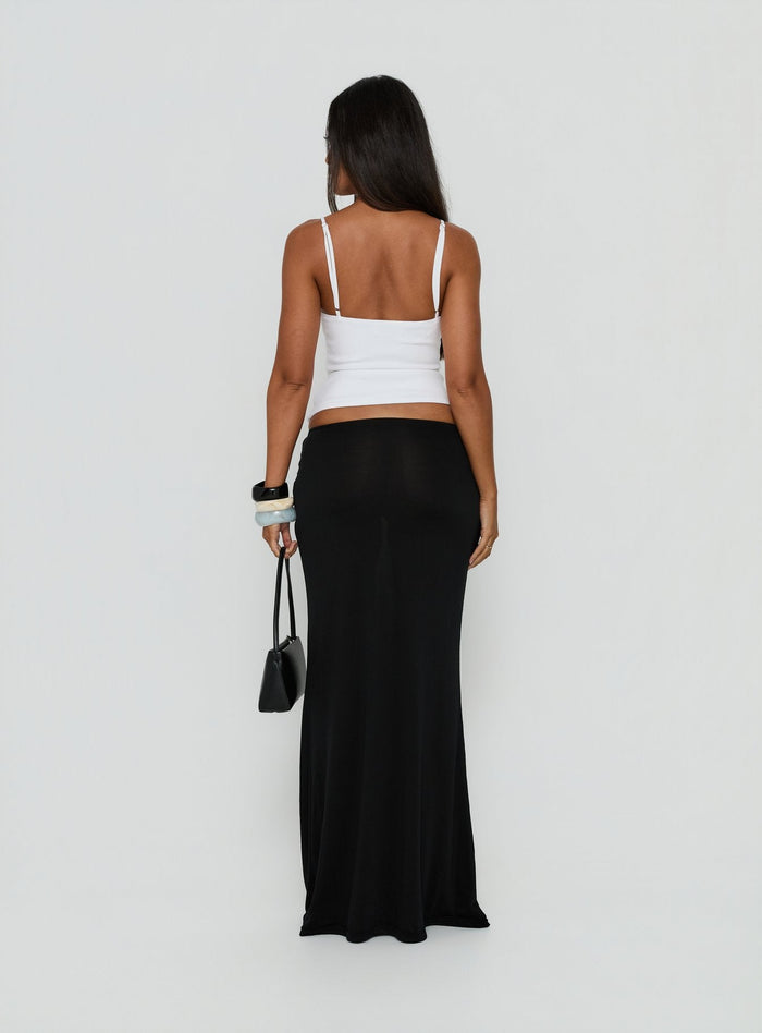 Presenting the Samelia Wrap Maxi Skirt Black womens-skirts in maxi length back view of model wearing Princess Polly