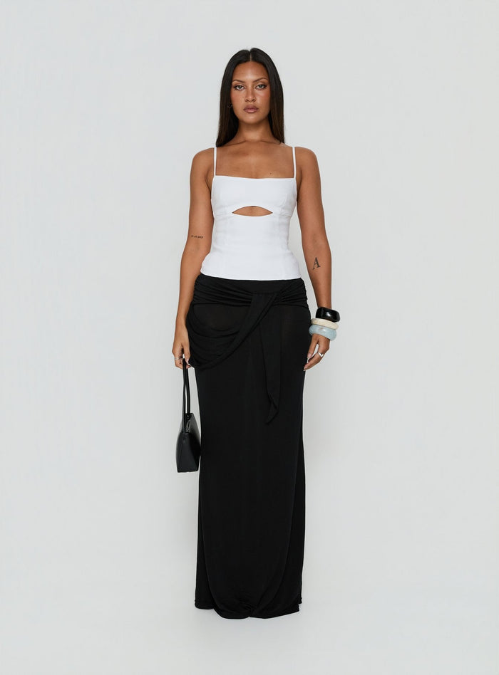 Showcasing the Samelia Wrap Maxi Skirt Black womens-skirts in maxi length front view of model wearing Princess Polly