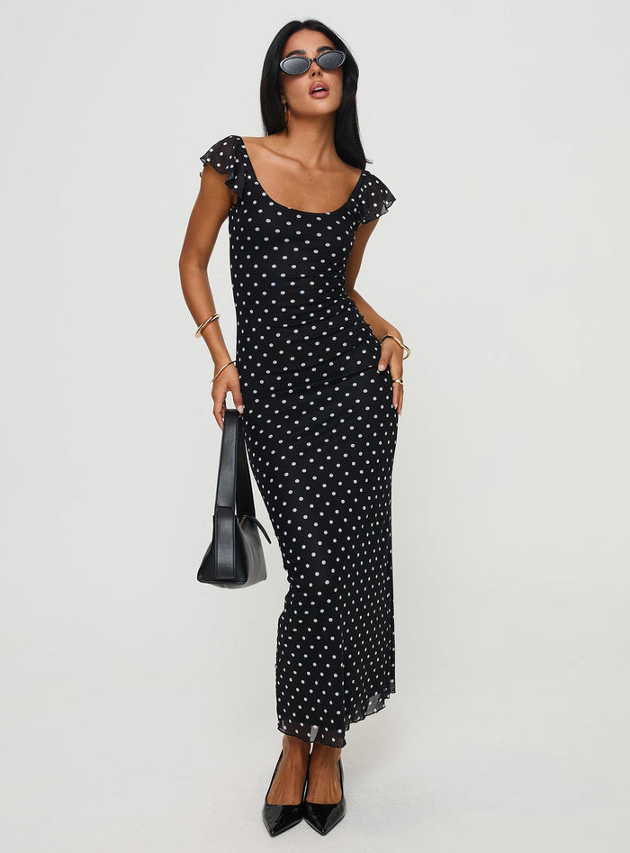 front view of model wearing Princess Polly Sandberg Maxi Dress Black Polka Dot Scoop Neck
