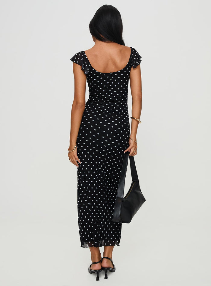 back view of model wearing Princess Polly Sandberg Maxi Dress Black Polka Dot Scoop Neck