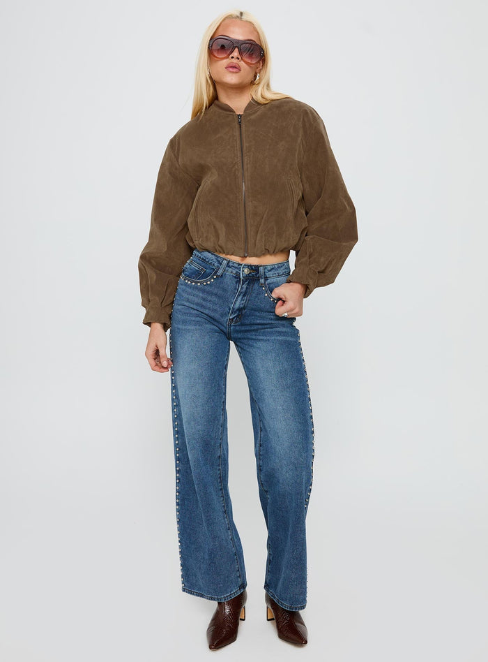 front view of model wearing Princess Polly Saving Up Stud Detail Jeans Mid Blue Mid Rise