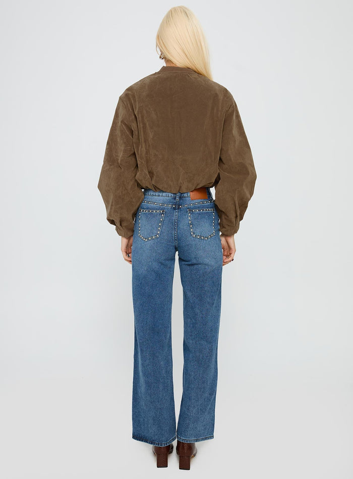 back view of model wearing Princess Polly Saving Up Stud Detail Jeans Mid Blue Mid Rise