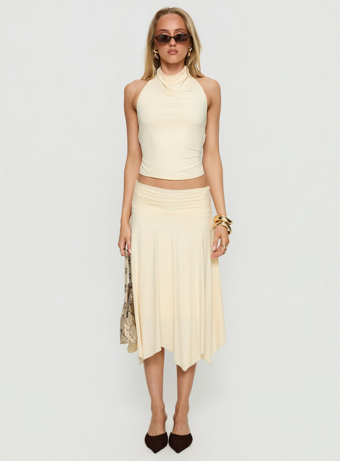 front view of model wearing Princess Polly Scenic Route Asymmetrical Midi Skirt Yellow Midi Skirts
