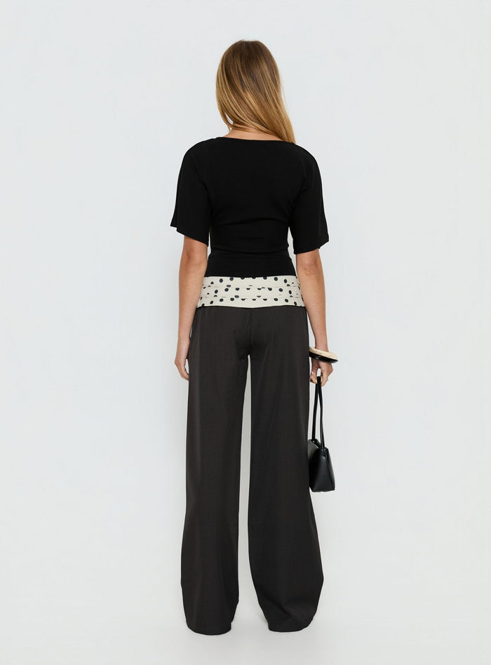 back view of model wearing Princess Polly Seneca Wrap Pants Charcoal Polka Dot Mid Rise Pants