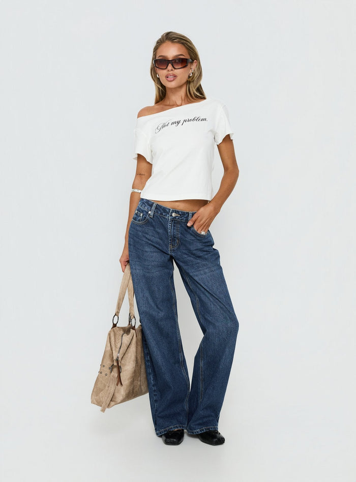 front view of model wearing Princess Polly Serenitia Mid Rise Straight Leg Relaxed Jeans Dark Blue Wash Mid Rise Jeans