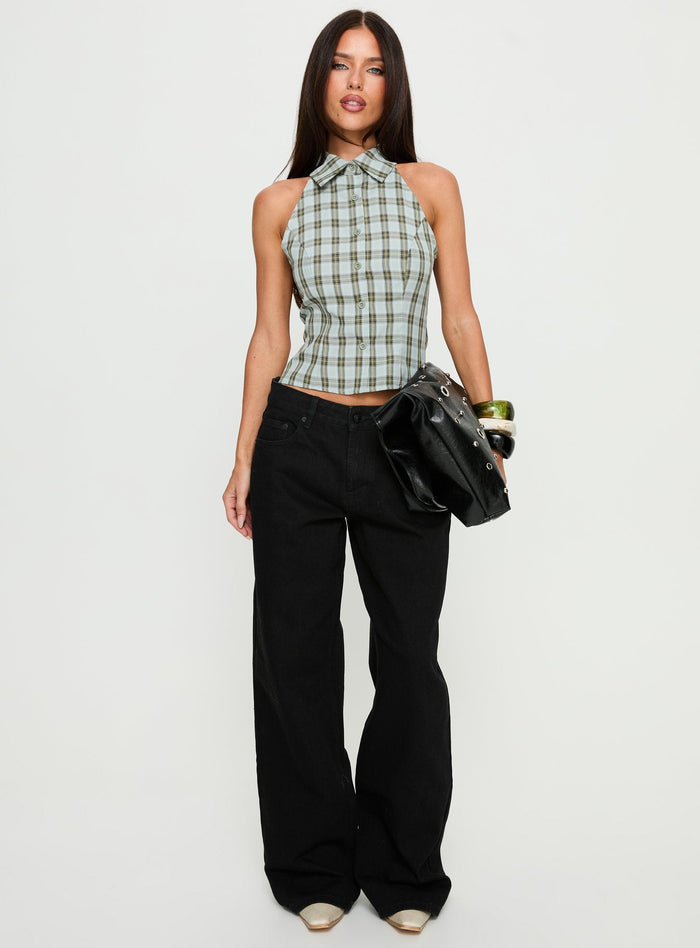 front view of model wearing Princess Polly Serenitia Mid Rise Relaxed Jeans Jet Black Mid Rise Jeans Jeans