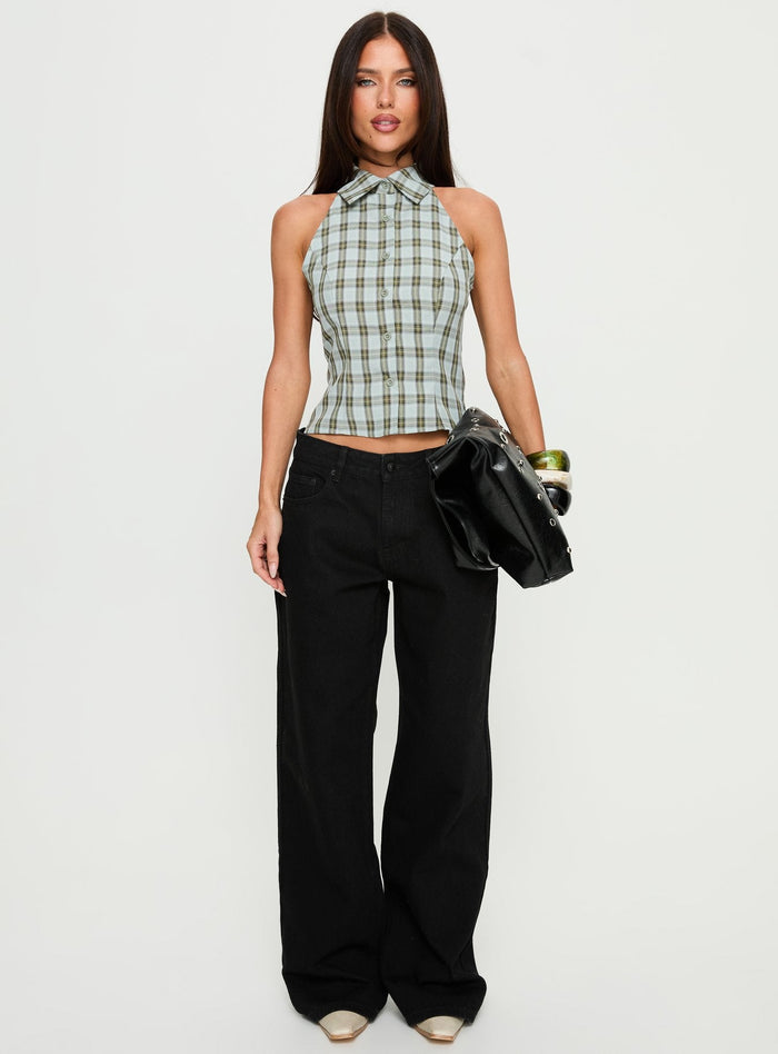 front view of model wearing Princess Polly Serenitia Mid Rise Relaxed Jeans Jet Black Mid Rise Jeans Jeans