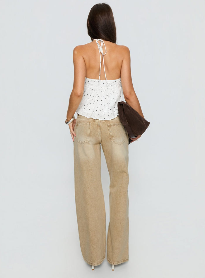 back view of model wearing Princess Polly Serenitia Mid Rise Relaxed Jeans Sandy Brown Wash Mid Rise Jeans