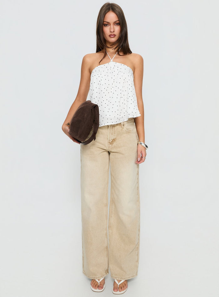 front view of model wearing Princess Polly Serenitia Mid Rise Relaxed Jeans Sandy Brown Wash Mid Rise Jeans