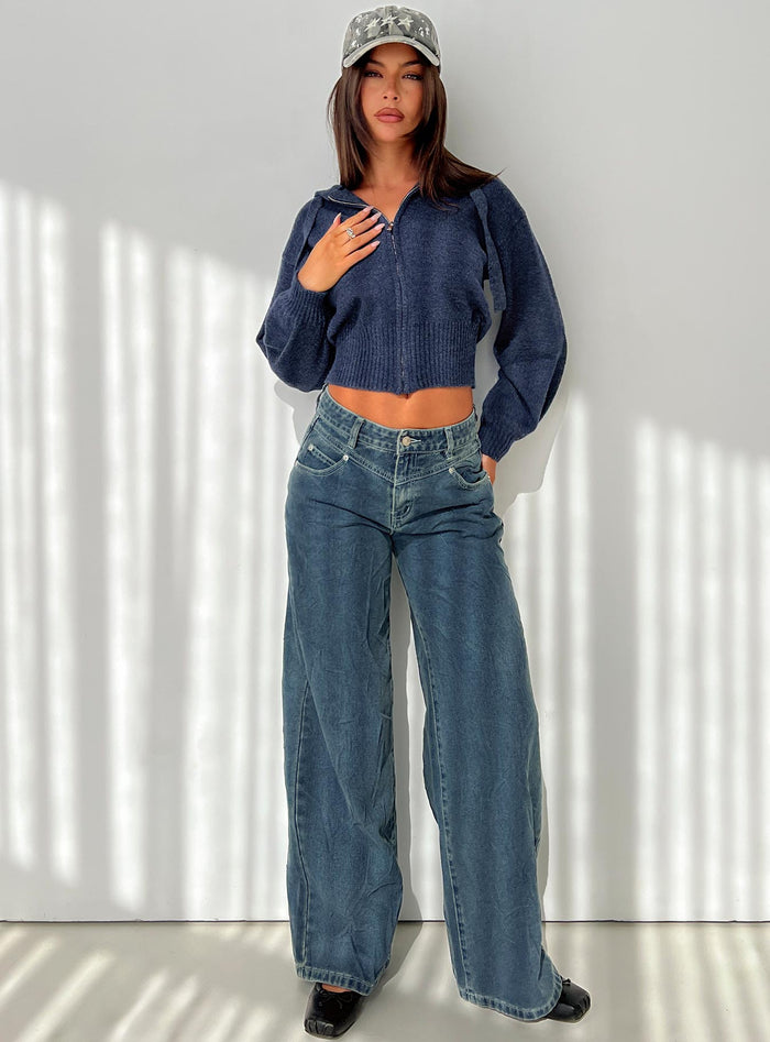 front view of model wearing Princess Polly Shanna Relaxed Low Rise Jeans Acid Raw Wash Mid Rise Jeans