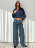 front view of model wearing Princess Polly Shanna Relaxed Low Rise Jeans Acid Raw Wash Mid Rise Jeans
