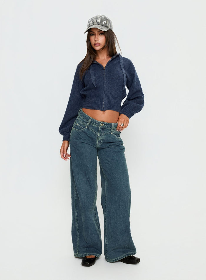 front view of model wearing Princess Polly Shanna Relaxed Low Rise Jeans Acid Raw Wash Mid Rise Jeans
