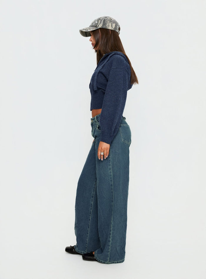 side view of model wearing Princess Polly Shanna Relaxed Low Rise Jeans Acid Raw Wash Mid Rise Jeans