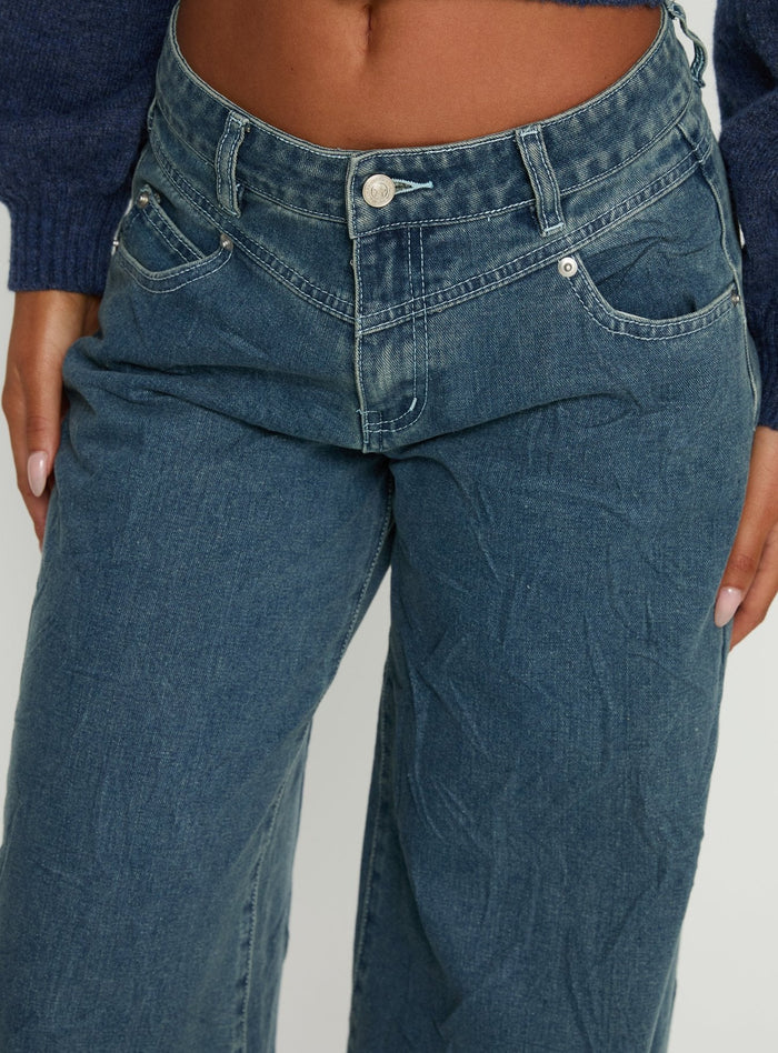 back view of model wearing Princess Polly Shanna Relaxed Low Rise Jeans Acid Raw Wash Mid Rise Jeans
