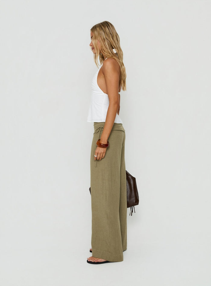 Crafted from linen blend, the Silver Moon Tie Pants in Olive Green womens-regular-pants with high-rise side view of model wearing Princess Polly