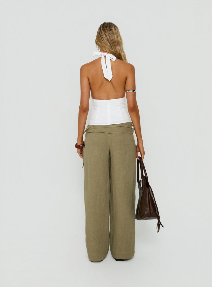 Presenting the Silver Moon Linen Blend Tie Pants Olive Green womens-regular-pants with high-rise back view of model wearing Princess Polly