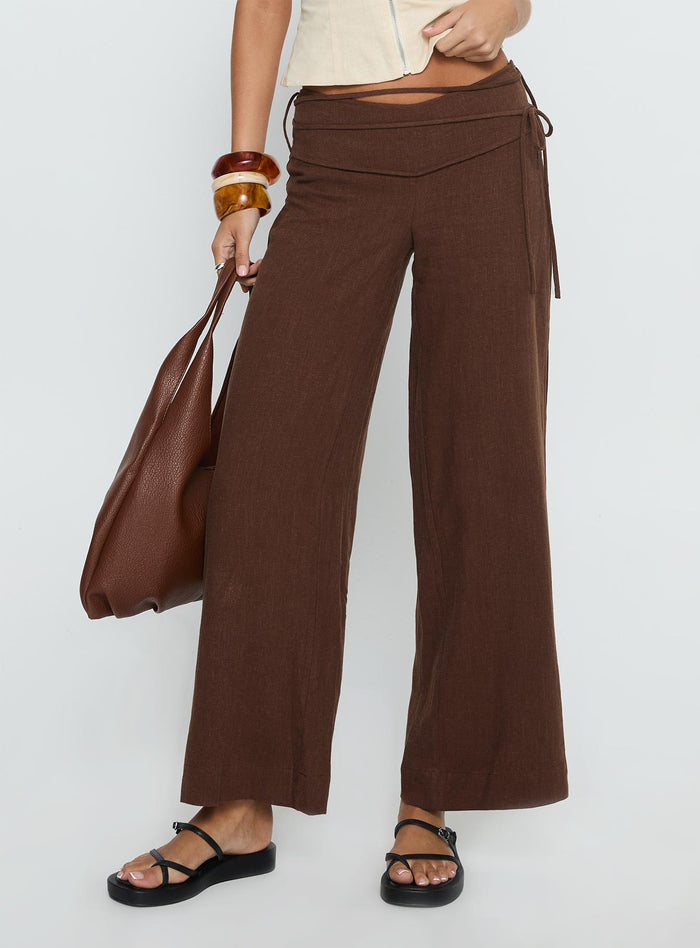 back view of model wearing Princess Polly Silver Moon Linen Blend Tie Pants Brown Mid Rise Pants