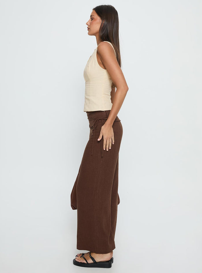 side view of model wearing Princess Polly Silver Moon Linen Blend Tie Pants Brown Mid Rise Pants