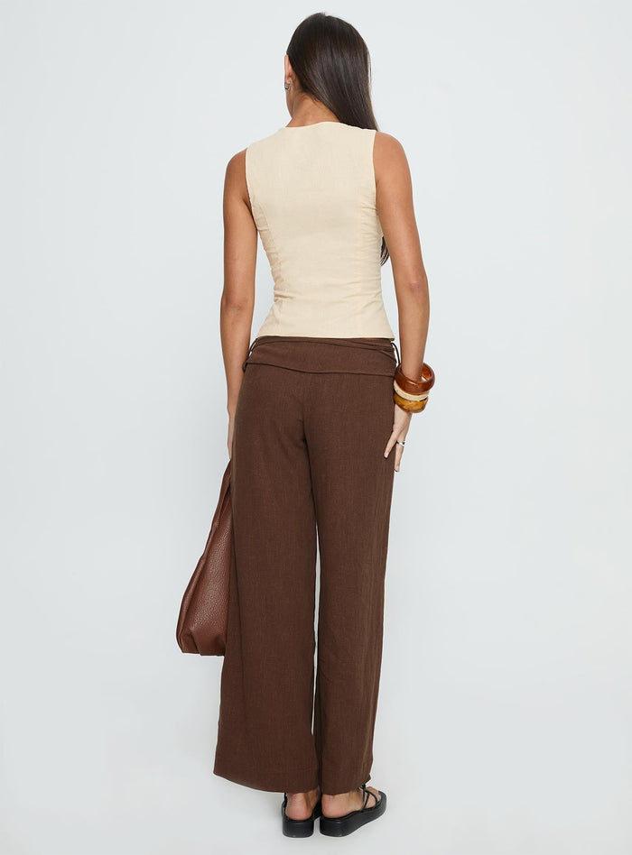 back view of model wearing Princess Polly Silver Moon Linen Blend Tie Pants Brown Mid Rise Pants