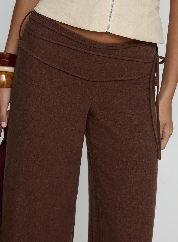 back view of model wearing Princess Polly Silver Moon Linen Blend Tie Pants Brown Mid Rise Pants