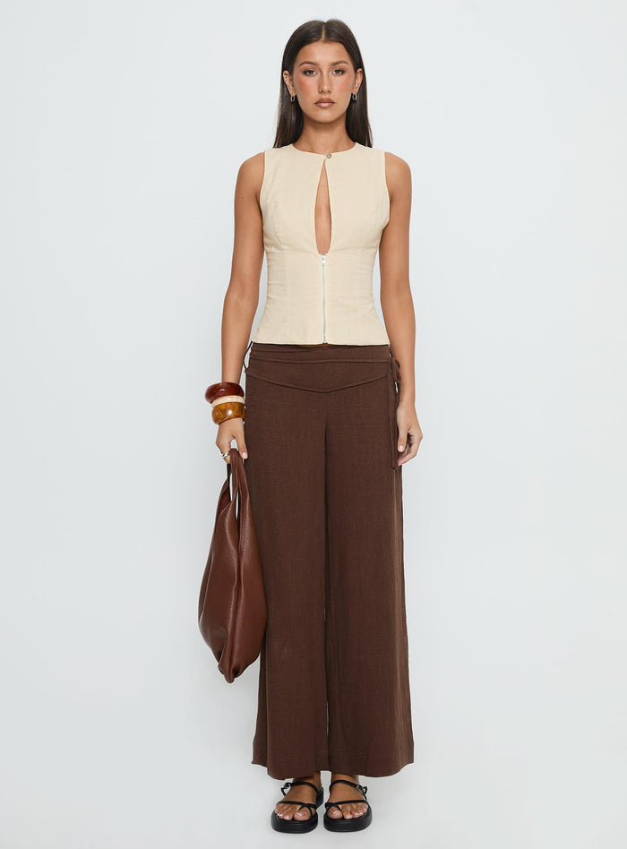 side view of model wearing Princess Polly Silver Moon Linen Blend Tie Pants Brown Mid Rise Pants