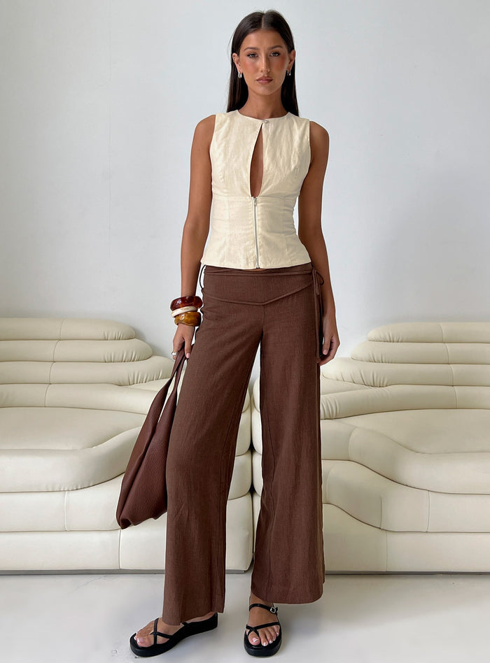front view of model wearing Princess Polly Silver Moon Linen Blend Tie Pants Brown Mid Rise Pants