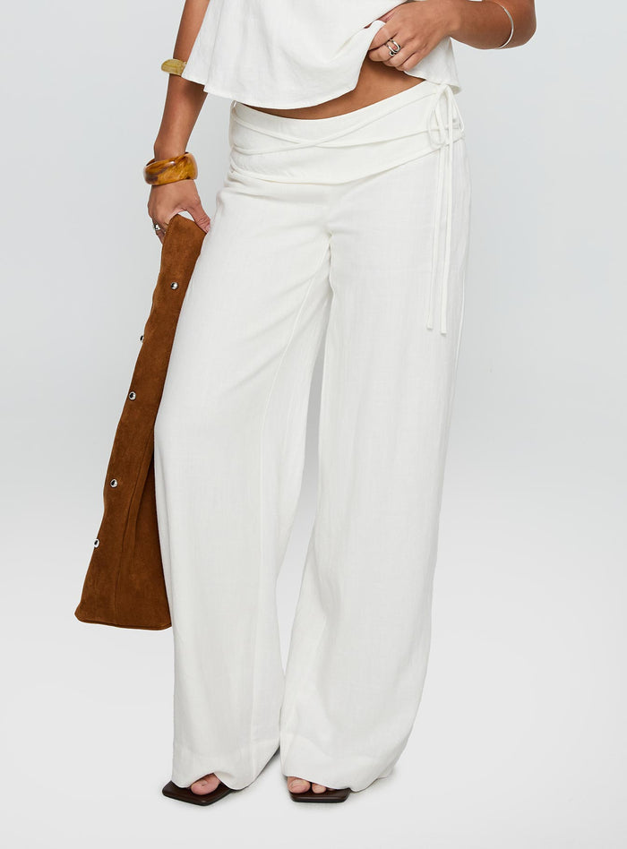 back view of model wearing Princess Polly Silver Moon Linen Blend Tie Pants White High Waisted Pants