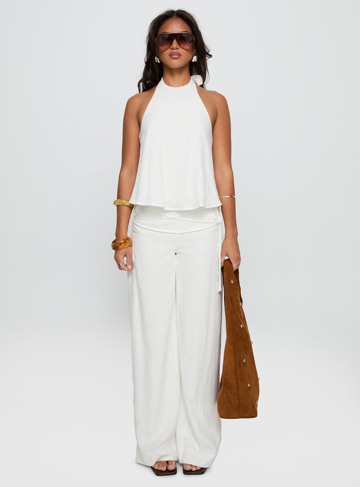 front view of model wearing Princess Polly Silver Moon Linen Blend Tie Pants White High Waisted Pants