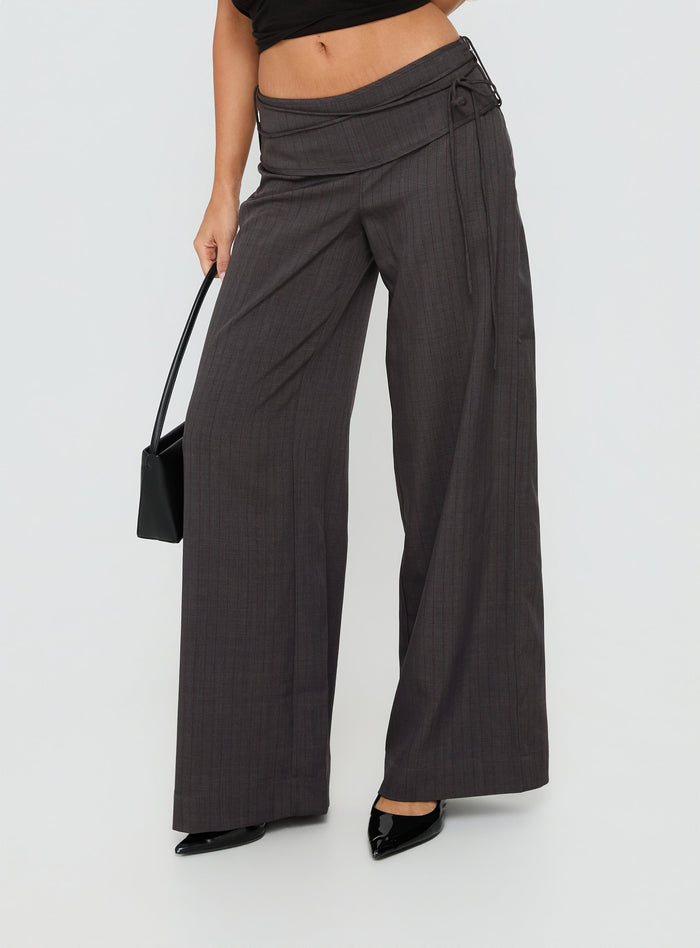 front view of model wearing Princess Polly Silver Moon Tie Pants Charcoal Mid Rise Pants