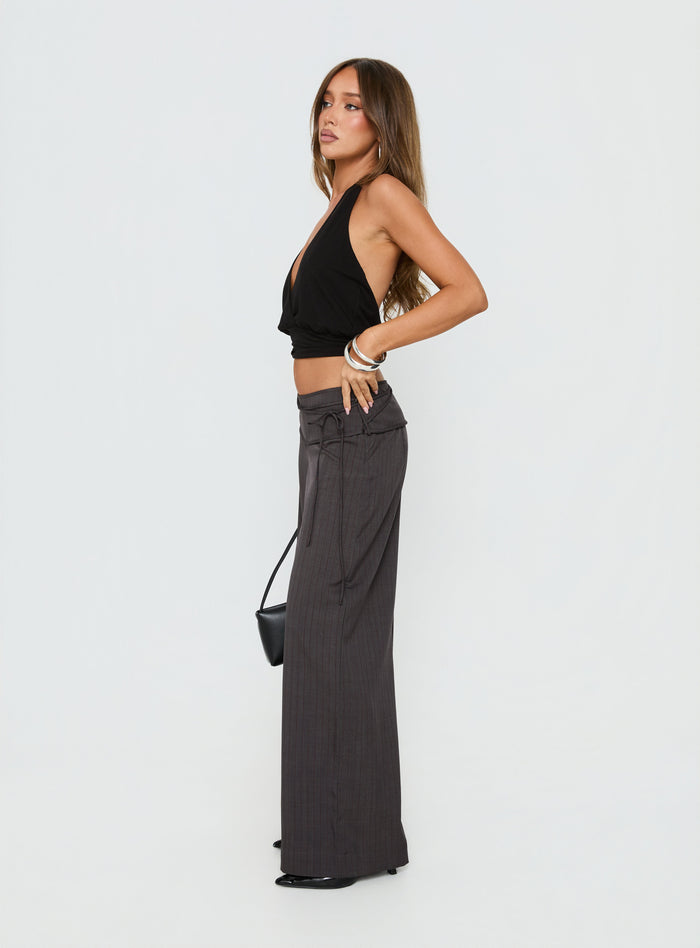side view of model wearing Princess Polly Silver Moon Tie Pants Charcoal Mid Rise Pants