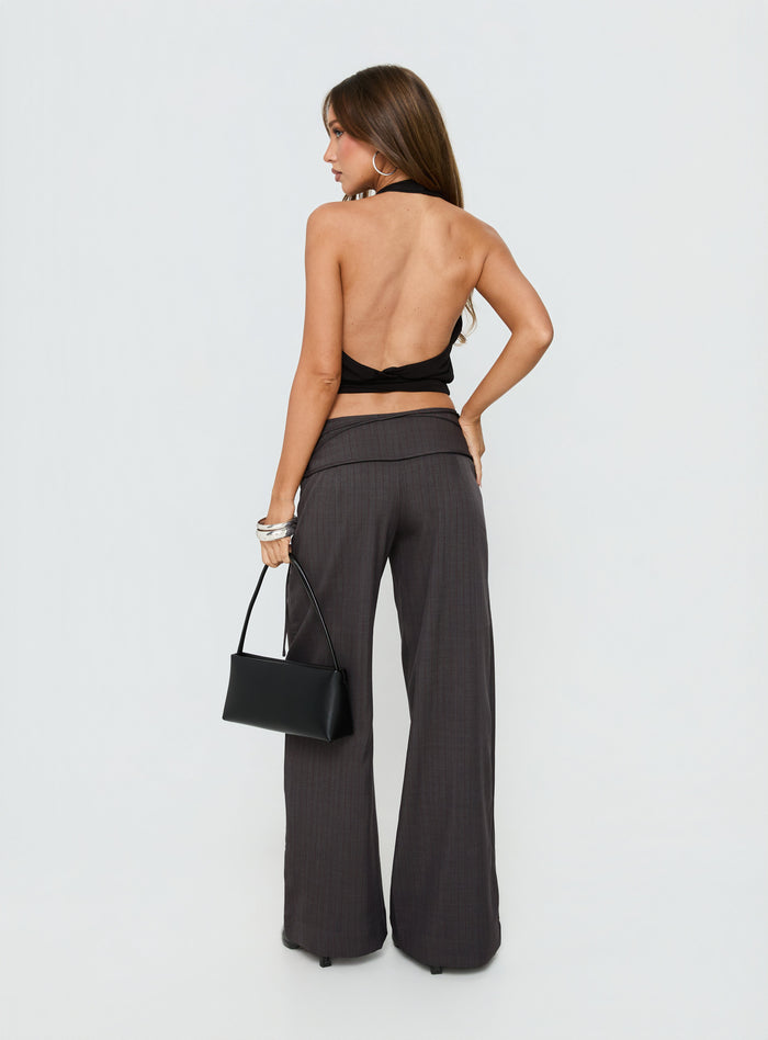 back view of model wearing Princess Polly Silver Moon Tie Pants Charcoal Mid Rise Pants
