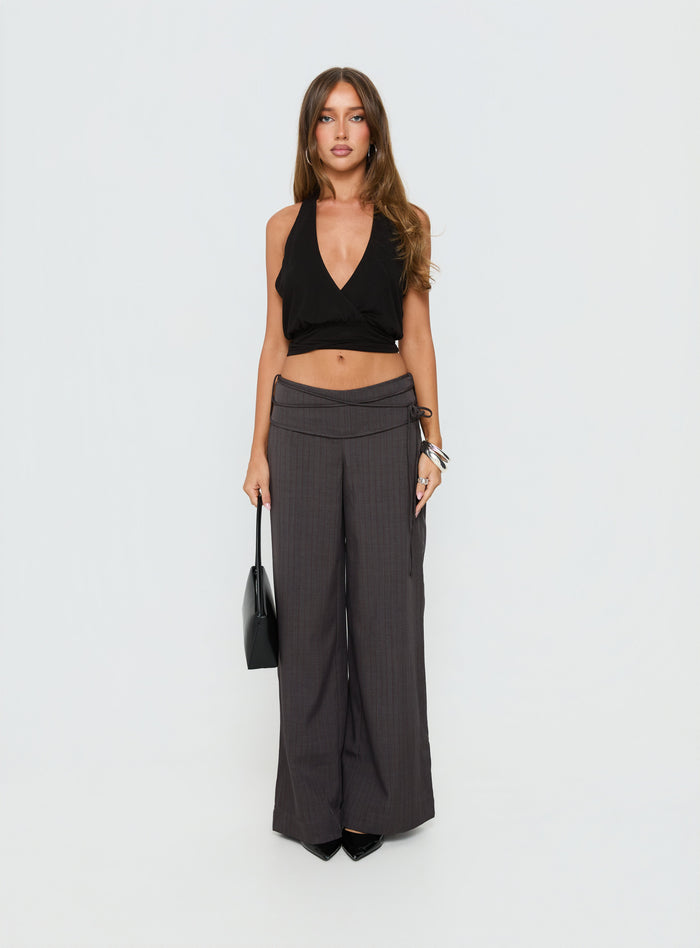 back view of model wearing Princess Polly Silver Moon Tie Pants Charcoal Mid Rise Pants