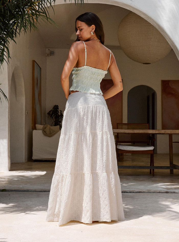 back view of model wearing Princess Polly Silver Soul Embroidered Maxi Skirt Cream Maxi