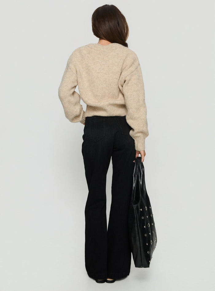 back view of model wearing Princess Polly Slow Ride Mid Rise Bootleg Belted Jeans Washed Black Mid Rise Jeans
