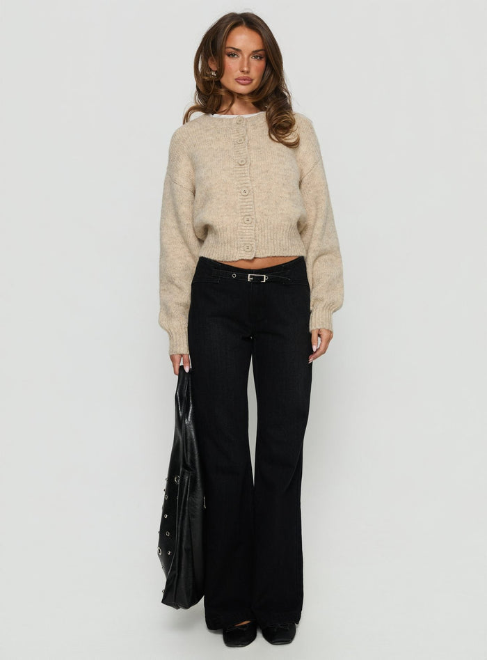 front view of model wearing Princess Polly Slow Ride Mid Rise Bootleg Belted Jeans Washed Black Mid Rise Jeans
