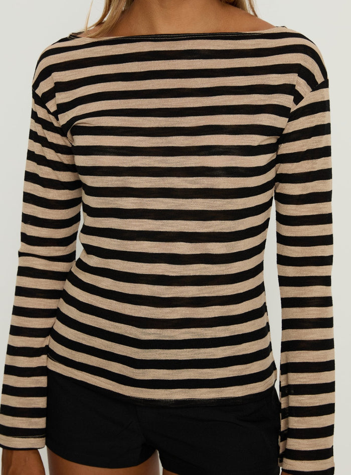 So Composed Boat Neck Long Sleeve Top Latte Stripe